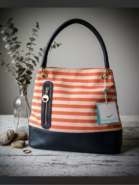 NWT Shiraleah Chicago Nautical Stripe Bucket Bag | Orange & Navy Boho Chic